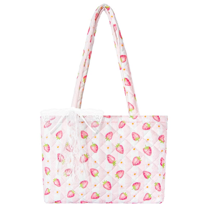 shiprabags Quilted Small Tote Bag for Women, Lightweight Floral Shoulder Bag,Soft College Travel Work Bag Everyday Purse (Strawberry, M) - Image 1