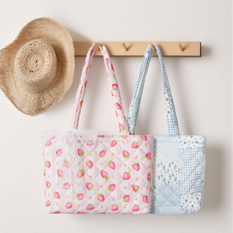 shiprabags Quilted Small Tote Bag for Women, Lightweight Floral Shoulder Bag,Soft College Travel Work Bag Everyday Purse (Strawberry, M) - Image 3