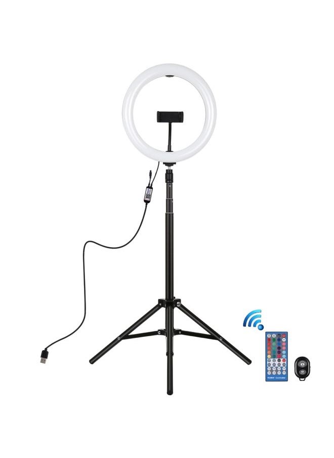 Generic - 10.2 inch 26cm RGBW Light + 1.65m Tripod Mount Curved Surface USB RGBW Dimmable LED Ring Vlogging Video Light Live Broadcast Kits with Cold Shoe Tripod Ball Head & Phone Clamp & Remote Control(Black) - Image 1
