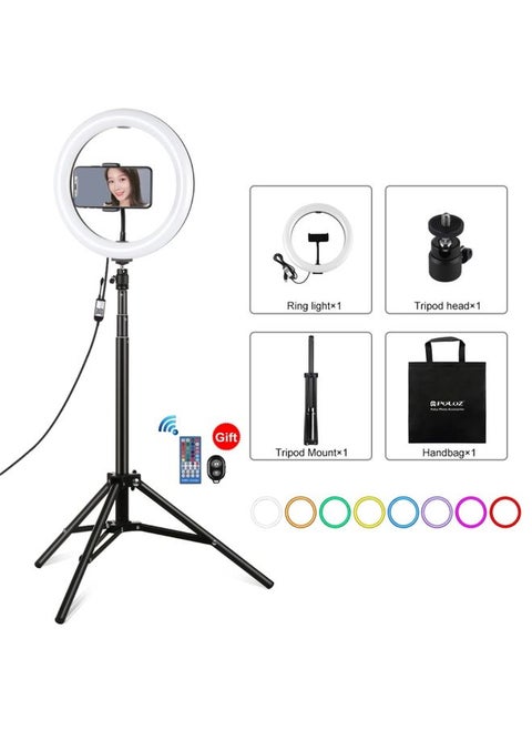 10.2 inch 26cm RGBW Light + 1.65m Tripod Mount Curved Surface USB RGBW Dimmable LED Ring Vlogging Video Light Live Broadcast Kits with Cold Shoe Tripod Ball Head & Phone Clamp & Remote Control(Black)