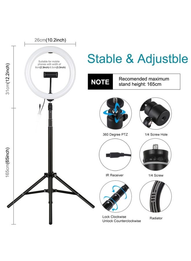 Generic - 10.2 inch 26cm RGBW Light + 1.65m Tripod Mount Curved Surface USB RGBW Dimmable LED Ring Vlogging Video Light Live Broadcast Kits with Cold Shoe Tripod Ball Head & Phone Clamp & Remote Control(Black) - Image 1