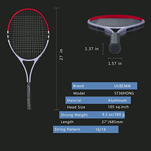 UUBEMM Tennis Racket Pre-Strung Lightweight 27 Inch Racquet Recreational Adult Rackets for Men Women Students Training Tennis Starter Kit with Balls,Carry Bag and Overgrips (Red/White - 2 Rackets) - Image 3