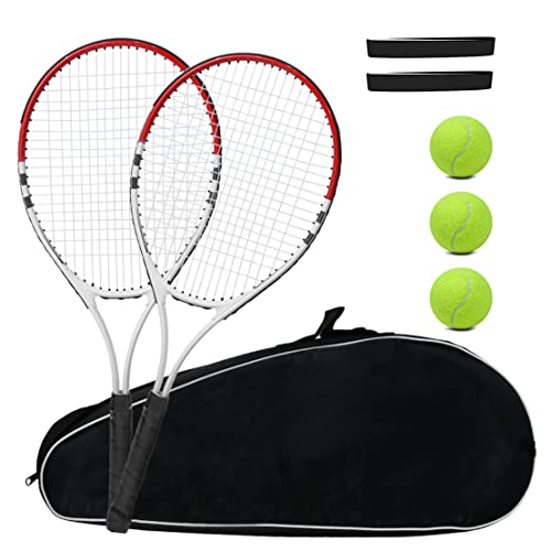 UUBEMM Tennis Racket Pre-Strung Lightweight 27 Inch Racquet Recreational Adult Rackets for Men Women Students Training Tennis Starter Kit with Balls,Carry Bag and Overgrips (Red/White - 2 Rackets) - Image 1