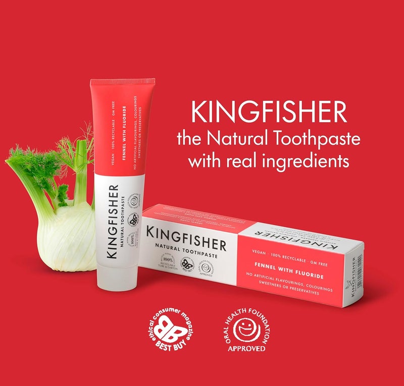 Kingfisher معجون أسنان كينغفيشر الطبيعي بالشمر مع الفلورايد مناسب للنباتيين والنباتيين الصارمين معتمد من مؤسسة صحة الفم خالي من الجلوتين خالي من الكائنات المعدلة وراثيًا أفضل شراء 1 × 100 مل أنبوب - Image 4