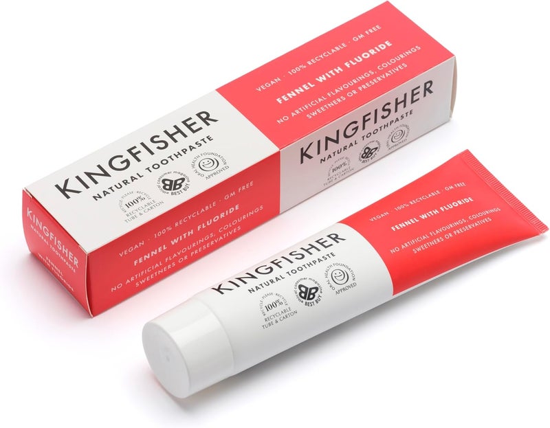 Kingfisher معجون أسنان كينغفيشر الطبيعي بالشمر مع الفلورايد مناسب للنباتيين والنباتيين الصارمين معتمد من مؤسسة صحة الفم خالي من الجلوتين خالي من الكائنات المعدلة وراثيًا أفضل شراء 1 × 100 مل أنبوب - Image 1