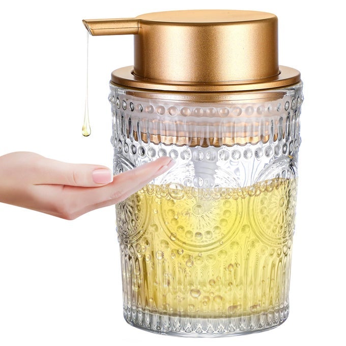 8 OZ GLASS DISH SOAP DISPENSER CLEAR HAND LIQUID BOTTLE WITH GOLD PLASTIC PUMP REFILLABLE ROUND DISH LOTION DISPENSING FOR KITCHEN SINK BATHROOM COUNTER