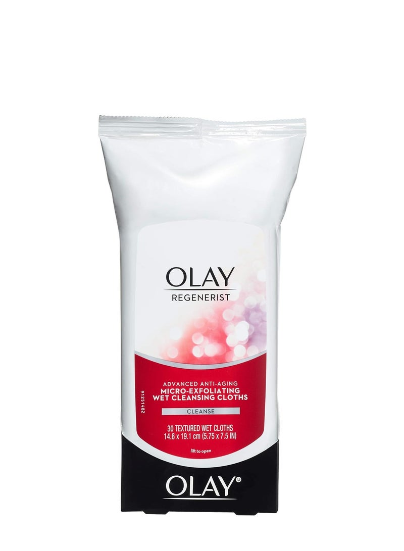 Olay Makeup Remover Wipes, Regenerist Micro-Exfoliating Wet Cleansing Cloths, Facial Cleanser for Women - Exfoliates, Refreshes, Smooths Texture, Travel Approved, 30 ct - 3 Pack