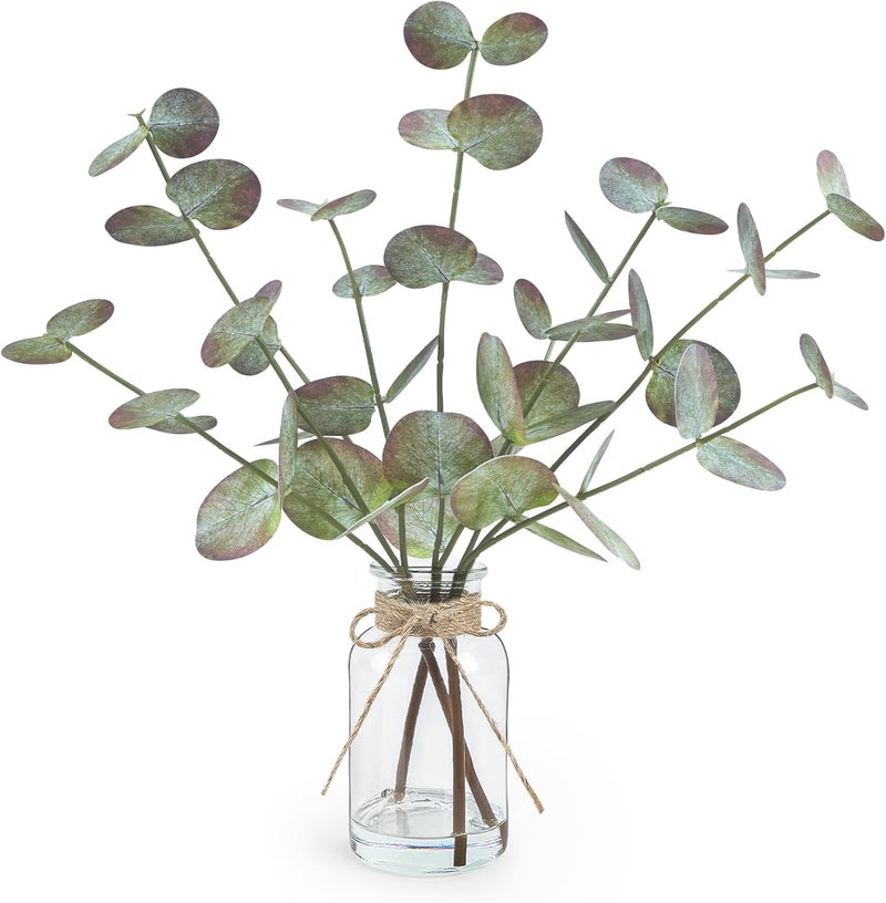 Bessol Fall Fake Eucalyptus Stems in Glass Vase with Faux Water 14" Fake Fall Plants with Artificial Eucalyptus Leaves Fall Decorations for Home Bathroom Desk Coffee Table Centerpiece Office Farmhouse Decor - Image 1