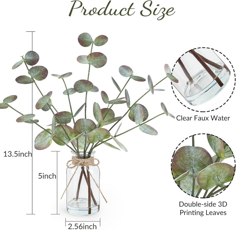Bessol Fall Fake Eucalyptus Stems in Glass Vase with Faux Water 14" Fake Fall Plants with Artificial Eucalyptus Leaves Fall Decorations for Home Bathroom Desk Coffee Table Centerpiece Office Farmhouse Decor - Image 3