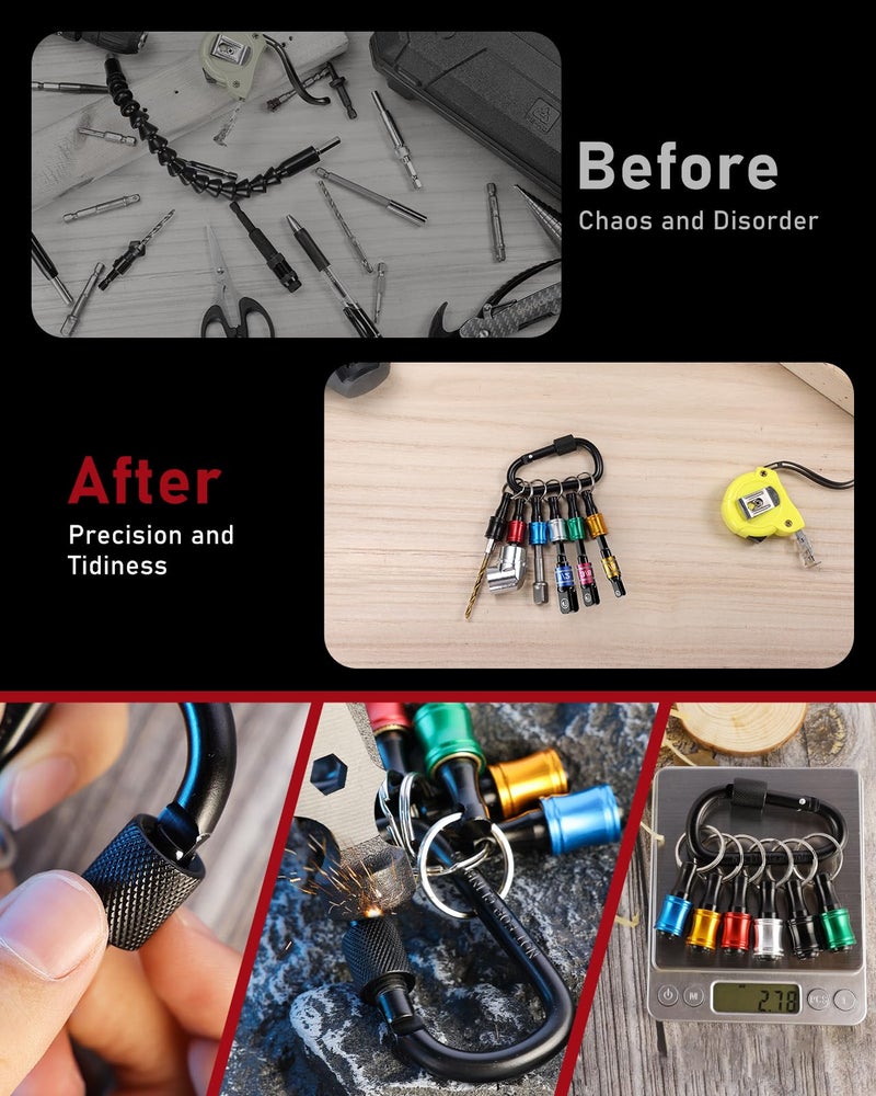 katerk 18pcs Bit Holder with Carabiner Socket for Mens Gift, 1/4 inch Hex Shank Aluminum Alloy Screwdriver Bit Holders, Quick Release Easy Change Impact Driver Drill Bit Keychain Extension - Image 5