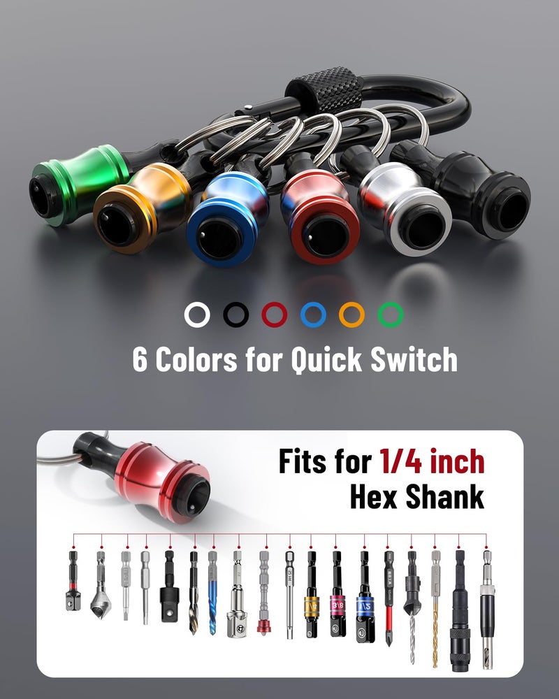 katerk 18pcs Bit Holder with Carabiner Socket for Mens Gift, 1/4 inch Hex Shank Aluminum Alloy Screwdriver Bit Holders, Quick Release Easy Change Impact Driver Drill Bit Keychain Extension - Image 4