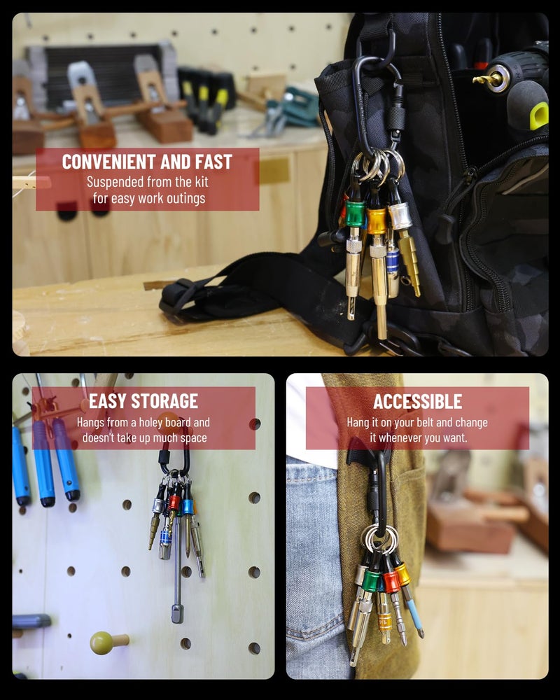 katerk 18pcs Bit Holder with Carabiner Socket for Mens Gift, 1/4 inch Hex Shank Aluminum Alloy Screwdriver Bit Holders, Quick Release Easy Change Impact Driver Drill Bit Keychain Extension - Image 2