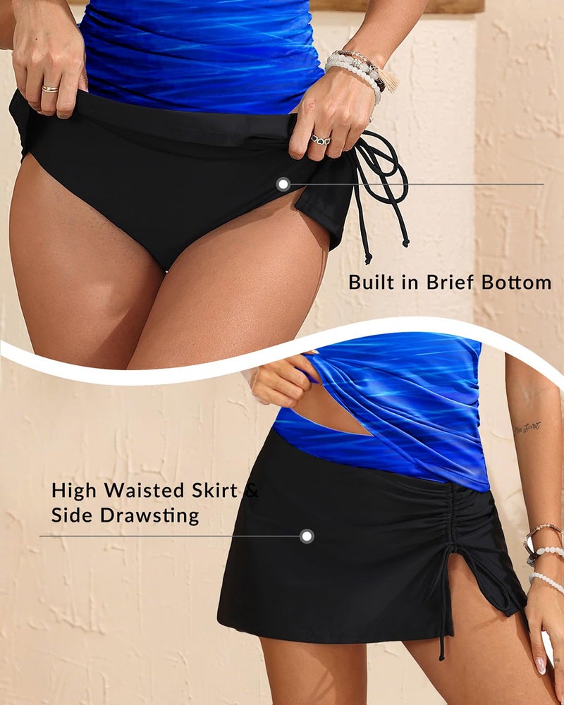 Yonique 2 Piece Swimsuits for Women Halter Tankini Top with Skirt Bottom Tummy Control Bathing Suit Blue Gradient M - Image 5