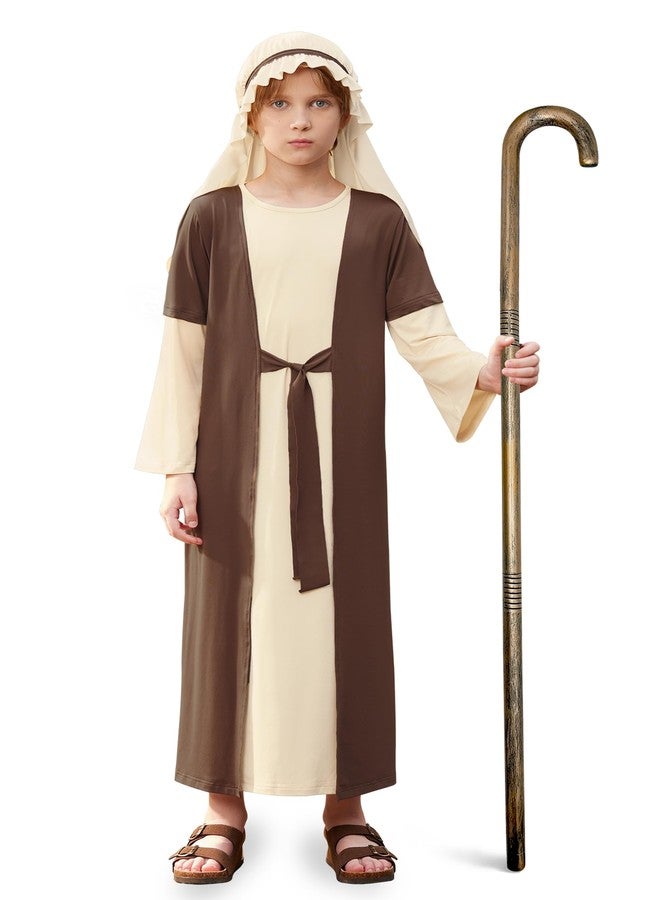 BesserBay Kid Boys Halloween 3 Pcs Biblical Joseph Outfit with Shepherd Staff Nativity Moses Set Kids Church Pageant Religious Robe Beige & Brown 5-6 Years - Image 1