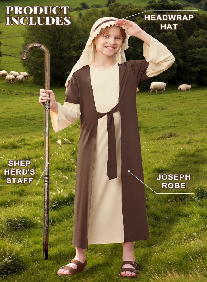 BesserBay Kid Boys Halloween 3 Pcs Biblical Joseph Outfit with Shepherd Staff Nativity Moses Set Kids Church Pageant Religious Robe Beige & Brown 5-6 Years - Image 2