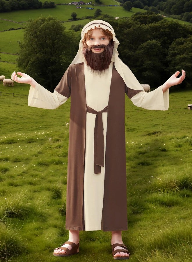 BesserBay Kid Boys Halloween 3 Pcs Biblical Joseph Outfit with Shepherd Staff Nativity Moses Set Kids Church Pageant Religious Robe Beige & Brown 5-6 Years - Image 4