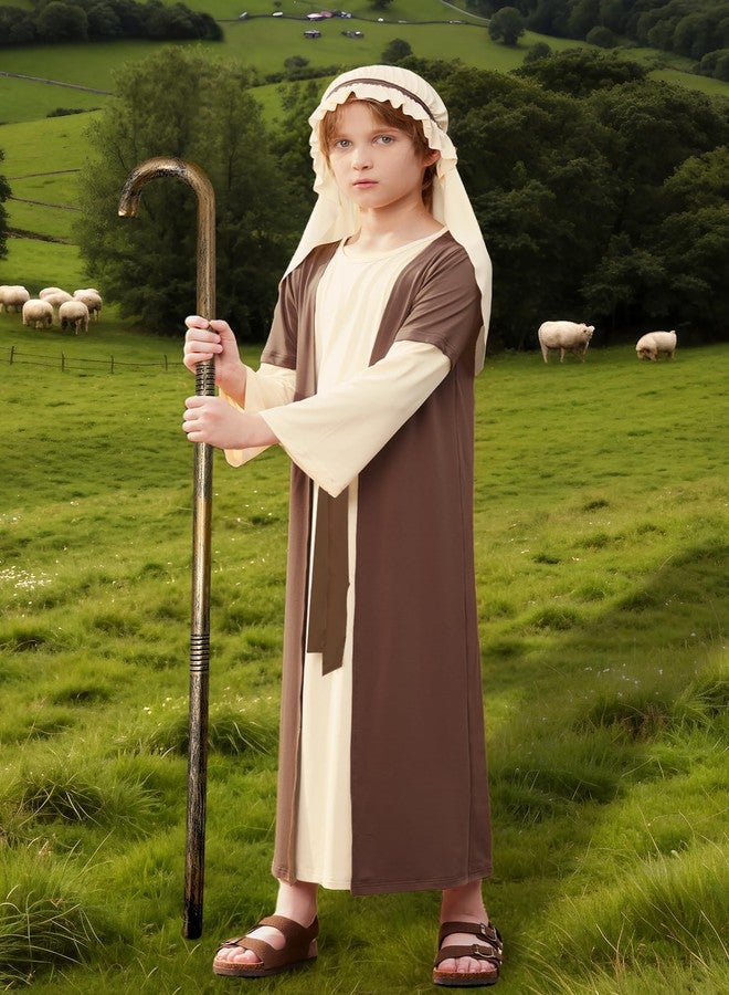 BesserBay Kid Boys Halloween 3 Pcs Biblical Joseph Outfit with Shepherd Staff Nativity Moses Set Kids Church Pageant Religious Robe Beige & Brown 5-6 Years - Image 3