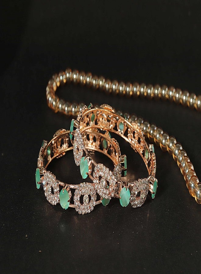 LAVAZZA Rose Gold CZ Amercian Diamond Alloy Metal Bangles Kada Set For Women & Girls | Teal Bangles | Pacheli Kada | Designer Girls Bangles | Stone kada-(RKM19-Mint-2.6) - Image 3