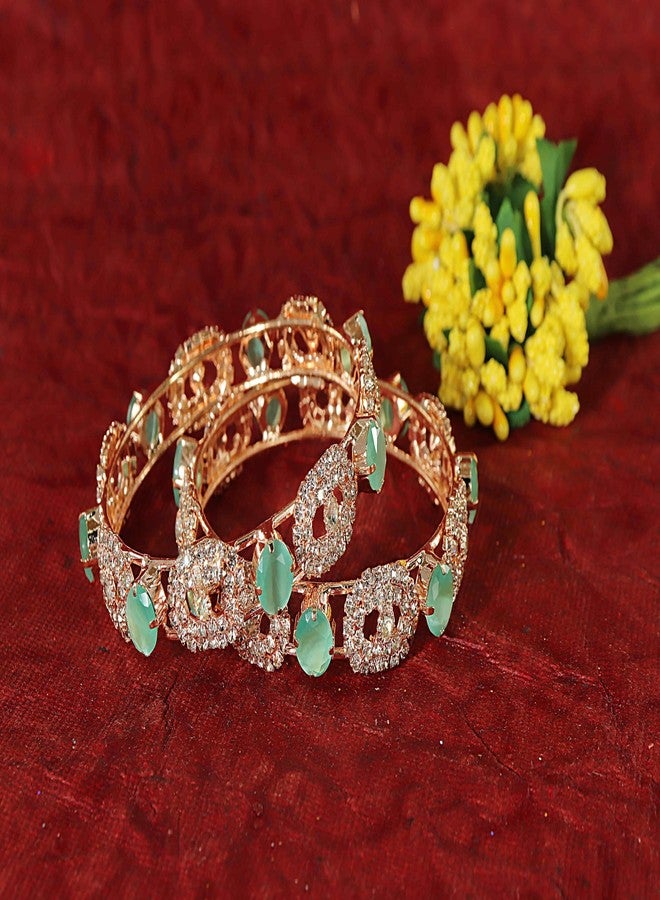 LAVAZZA Rose Gold CZ Amercian Diamond Alloy Metal Bangles Kada Set For Women & Girls | Teal Bangles | Pacheli Kada | Designer Girls Bangles | Stone kada-(RKM19-Mint-2.6) - Image 2