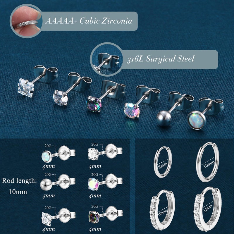 YADOCA Hypoallergenic Surgical Steel Earrings Sets for Multiple Piercing - Small Stud Earrings For Women Men - Stainless Steel Earrings Studs Hoop Earrings for Sensitive Ears Silver Tone 10pairs - Image 2