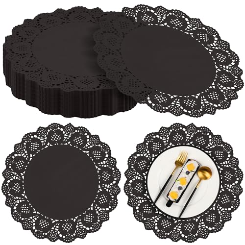 MCEAST 100 Pack Round Black Paper Doilies 135 Inches Lace Paper Place Mats Rustic Scallop Doily Disposable Table Pads for Food Cakes Crafts Party Weddings Tableware Decor - Image 1