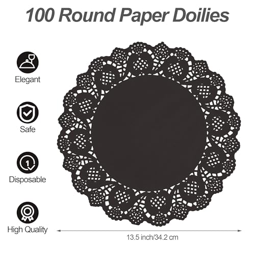 MCEAST 100 Pack Round Black Paper Doilies 135 Inches Lace Paper Place Mats Rustic Scallop Doily Disposable Table Pads for Food Cakes Crafts Party Weddings Tableware Decor - Image 3