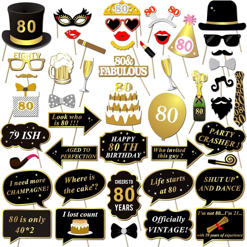 Konsait 80th Birthday Photo Booth Props48Count Funny 80 Party Photo Props Kit Black Gold Decor with Stick for Man Woman 80th Birthday Decorations Supplies Birthday Party Accessories Favors - Image 1