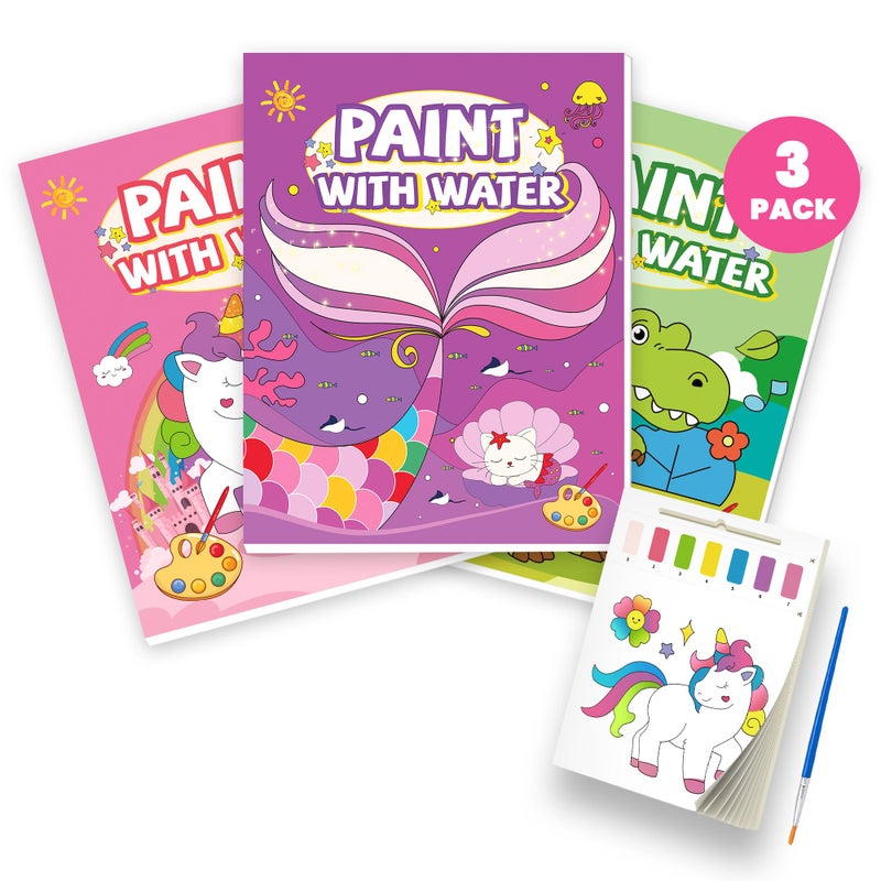 Gocozer 3PCS Paint With Water Books for Kids 20 Page Each,Unicorn Mermaid & Dinosaur Watercolor Paint Book Set for Kid,Toddlers Color Coloring Painting Drawing Set,Mess Free Toys Gifts for Kid Age 3 4 5 6 7 8 - Image 1