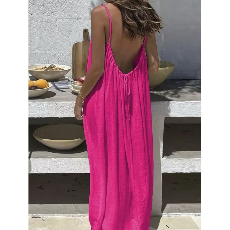 فستان نسائي للمنزل من 2026wish - لون سادة، تصميم حزام وظهر مكشوف