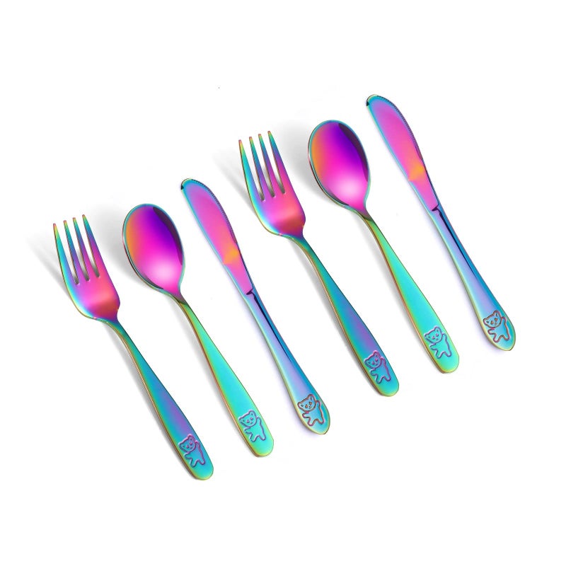 Pimoys 6 Pieces Rainbow Kids Silverware Stainless Steel Child and Toddler Utensils Childrens Safe Flatware Metal Cutlery Set Includes 2 Children Knives 2 Forks  2 Spoons