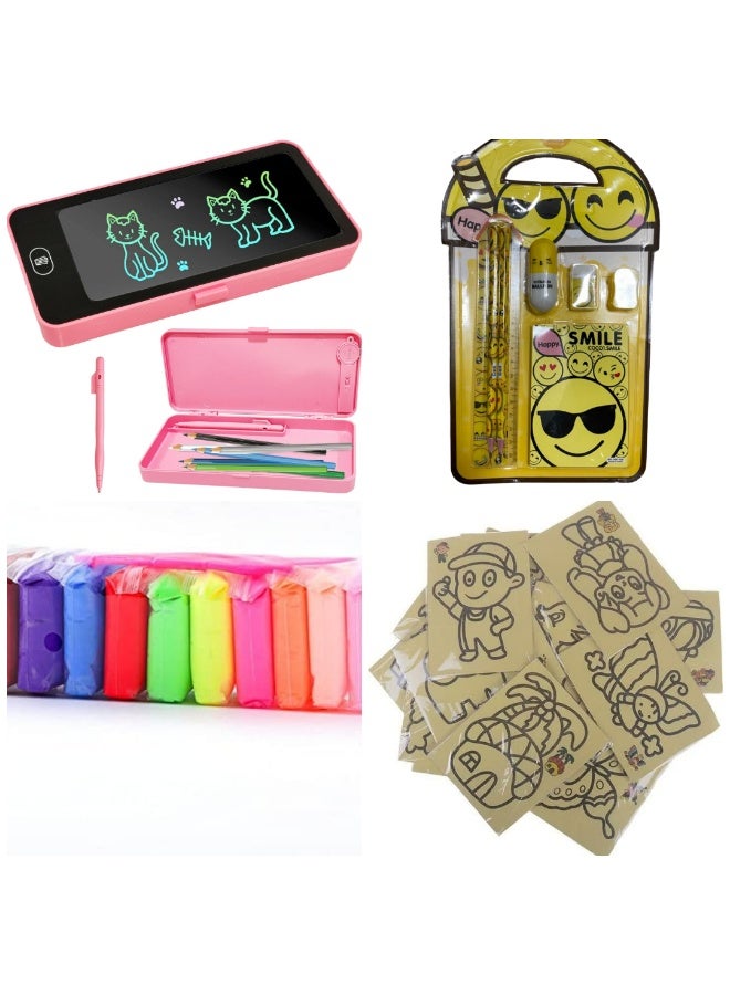 مجموعة من 4 قطع مثالية للأنشطة المدرسية والحرف اليدوية وهدايا أعياد الميلاد وتوزيعات الحفلات: طقم أدوات مكتبية بتصميم إيموجي، 12 قطعة من الصلصال الناعم، علبة أقلام رصاص LCD، و10 أوراق صنفرة.
