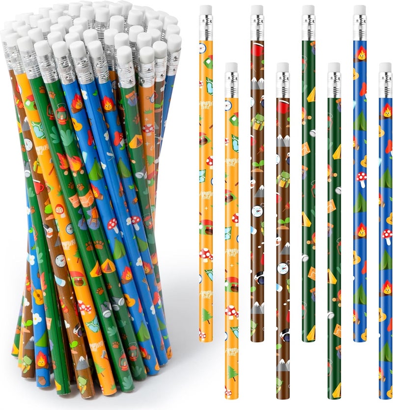 Xqumoi 60Pcs Camping Pencils with Erasers - 4 Designs #2 HB Pencils with Outdoor Camping Patterns, Bulk Camping Themed Stationery for Kids, Classroom Rewards, Goodie Bag Fillers, Camping Party Favors - Image 1