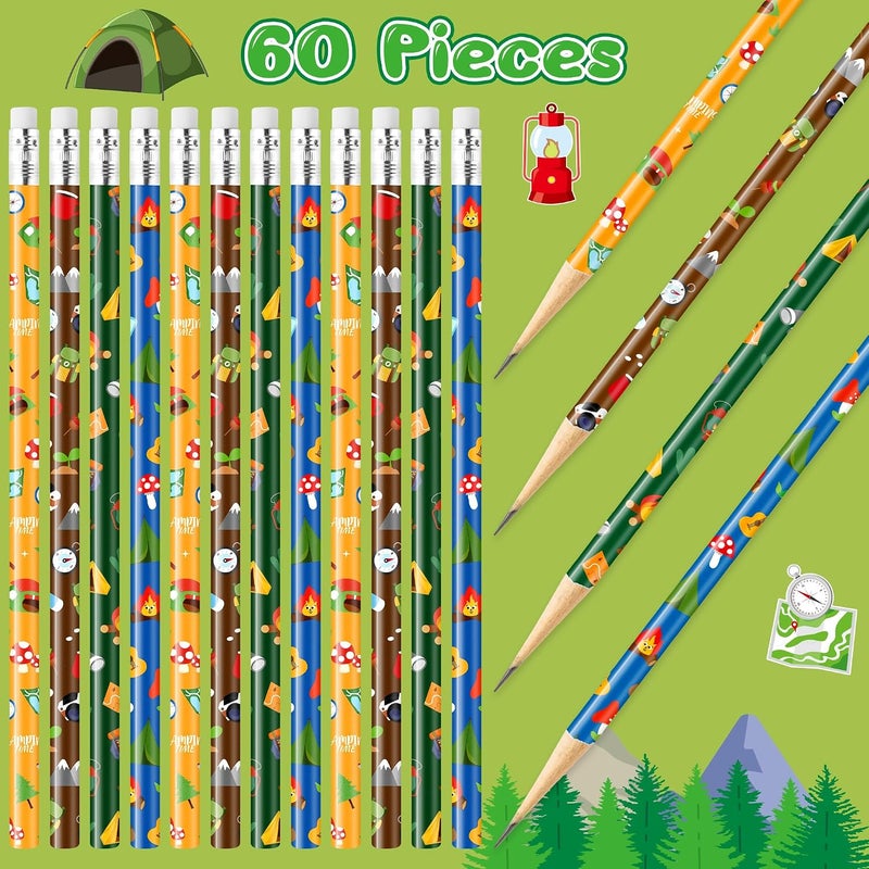 Xqumoi 60Pcs Camping Pencils with Erasers - 4 Designs #2 HB Pencils with Outdoor Camping Patterns, Bulk Camping Themed Stationery for Kids, Classroom Rewards, Goodie Bag Fillers, Camping Party Favors - Image 4