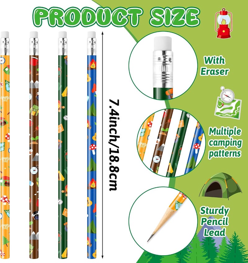 Xqumoi 60Pcs Camping Pencils with Erasers - 4 Designs #2 HB Pencils with Outdoor Camping Patterns, Bulk Camping Themed Stationery for Kids, Classroom Rewards, Goodie Bag Fillers, Camping Party Favors - Image 2