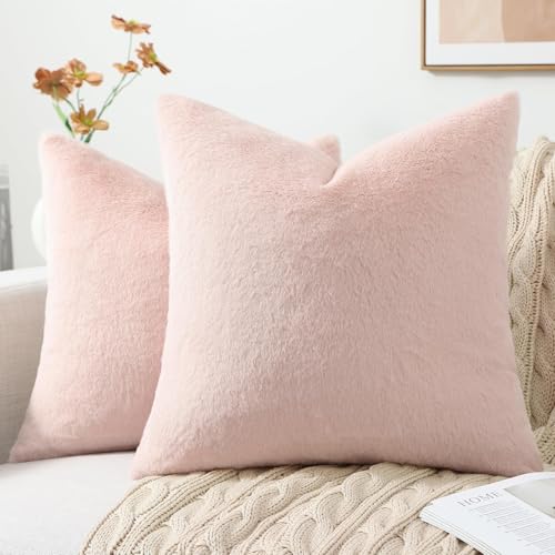 Pallene Faux Fur Plush Throw Pillow Covers 18x18 Set of 2 Luxury Soft Fluffy Cozy Decorative Pillow Covers for Sofa Couch Living Room Blush Pink - Image 1