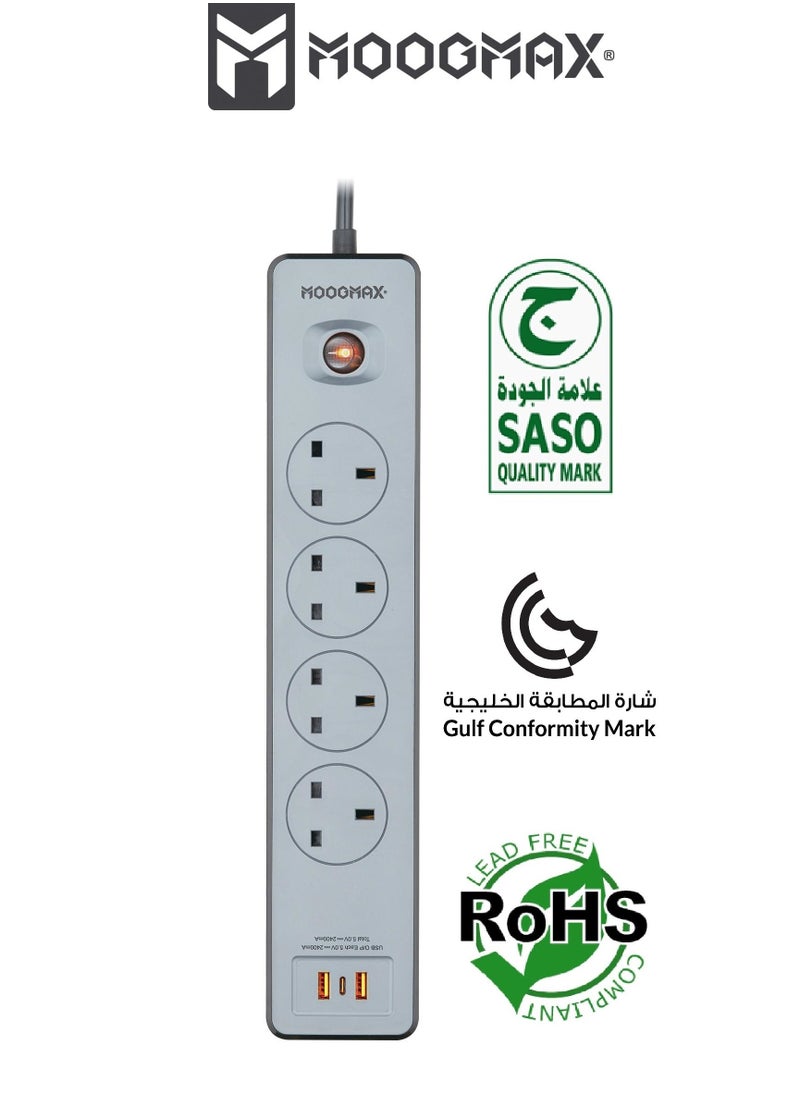 MOOGMAX OKAMI Multiple cord Extension 2990W, with Four-socket, Type-C port support fast charging up to 20W and two USB-A ports compatible with most devices, an electrical strip equipped with an on/off button, a fire-safe socket up to 750 C, certified with quality and safety (SASO, GCC and RoHS) certificates. 3 meters long. From Moogmax  - Image 1