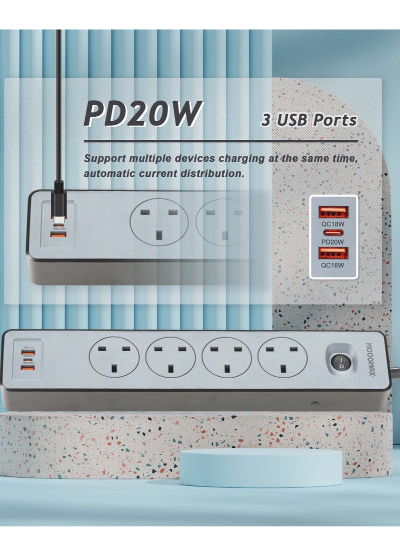 MOOGMAX OKAMI Multiple cord Extension 2990W, with Four-socket, Type-C port support fast charging up to 20W and two USB-A ports compatible with most devices, an electrical strip equipped with an on/off button, a fire-safe socket up to 750 C, certified with quality and safety (SASO, GCC and RoHS) certificates. 3 meters long. From Moogmax  - Image 2