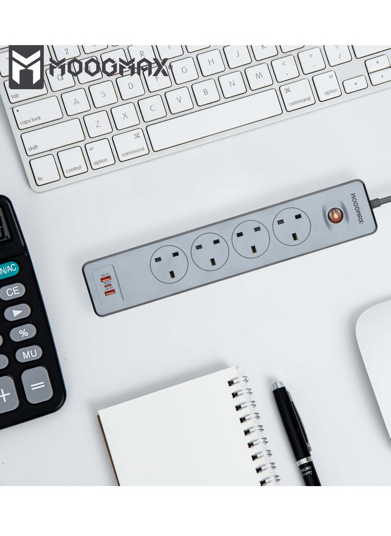 MOOGMAX OKAMI Multiple cord Extension 2990W, with Four-socket, Type-C port support fast charging up to 20W and two USB-A ports compatible with most devices, an electrical strip equipped with an on/off button, a fire-safe socket up to 750 C, certified with quality and safety (SASO, GCC and RoHS) certificates. 3 meters long. From Moogmax  - Image 3