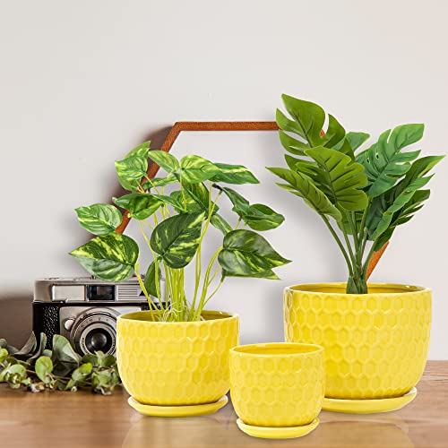 Nattol Ceramic Flower Pots, Ceramic Planters with Drainage Hole and Saucer, Modern Round Ceramic Succulent Plant Pots with Stripe Texture, Small to Medium Sized, Set of 3, Navy Blue - Image 2