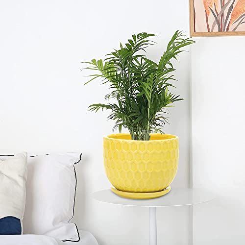 Nattol Ceramic Flower Pots, Ceramic Planters with Drainage Hole and Saucer, Modern Round Ceramic Succulent Plant Pots with Stripe Texture, Small to Medium Sized, Set of 3, Navy Blue - Image 3