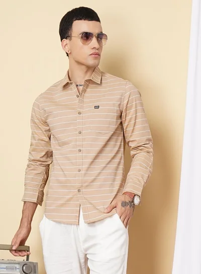The Indian Garage Co Men Slim Fit Striped Full Sleeves Cutaway Collar Casual Shirt