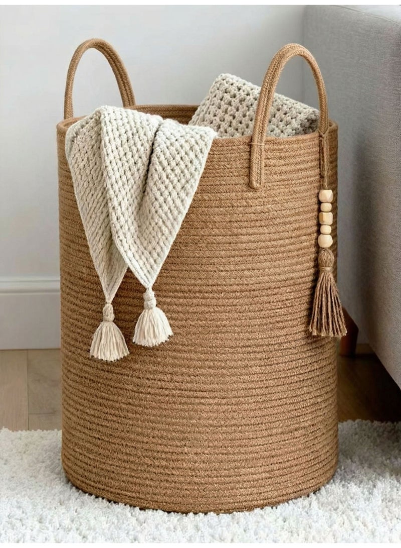 MUXUE 60L Natural Jute Dirty Clothes Hamper, Large Woven Laundry Basket with Handles for Storage of Blankets, Toys and Clothes - Image 1
