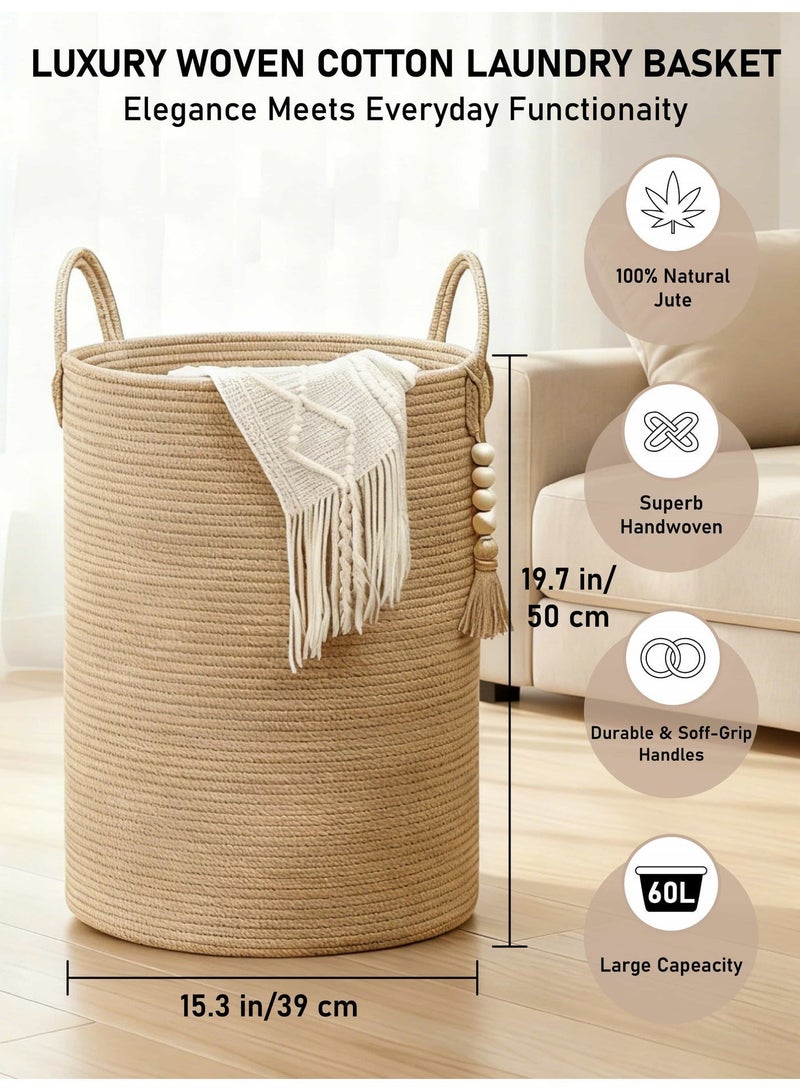 MUXUE 60L Natural Jute Dirty Clothes Hamper, Large Woven Laundry Basket with Handles for Storage of Blankets, Toys and Clothes - Image 2