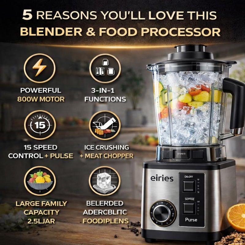 ULTIMATE 3-in-1 Professional Blender & Food Processor 800W Heavy Duty Meat Chopper & Spice Grinder 2.5L Large Capacity Stainless Steel Base 15-Speed Control for Smoothies Ice & Meal Prep - Image 2