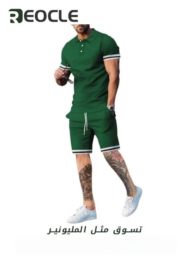 REOCLE Men's Polo Shirt and Shorts Set Summer Outfits Casual Button Down Short Sleeve Suit Shorts Tracksuit 2 Piece  - Image 2