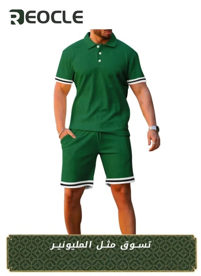 REOCLE Men's Polo Shirt and Shorts Set Summer Outfits Casual Button Down Short Sleeve Suit Shorts Tracksuit 2 Piece  - Image 1