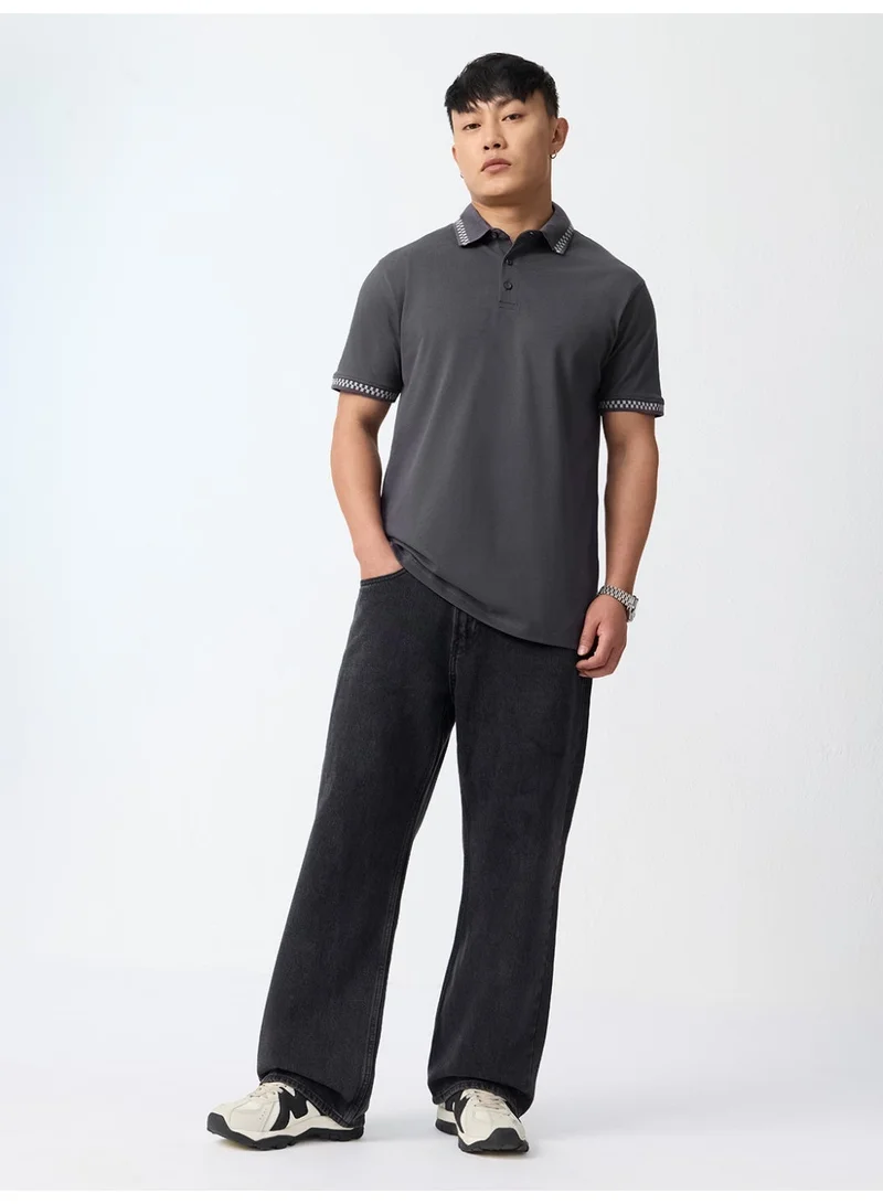 ذا سوليد ستور The Souled Store New Basics: Pique Polo Naval Men and Boys Short Sleeve Spread Collar Dark Grey Charcoal Grey Jacquard Geometric Print Cotton Elastane Polo Shirts