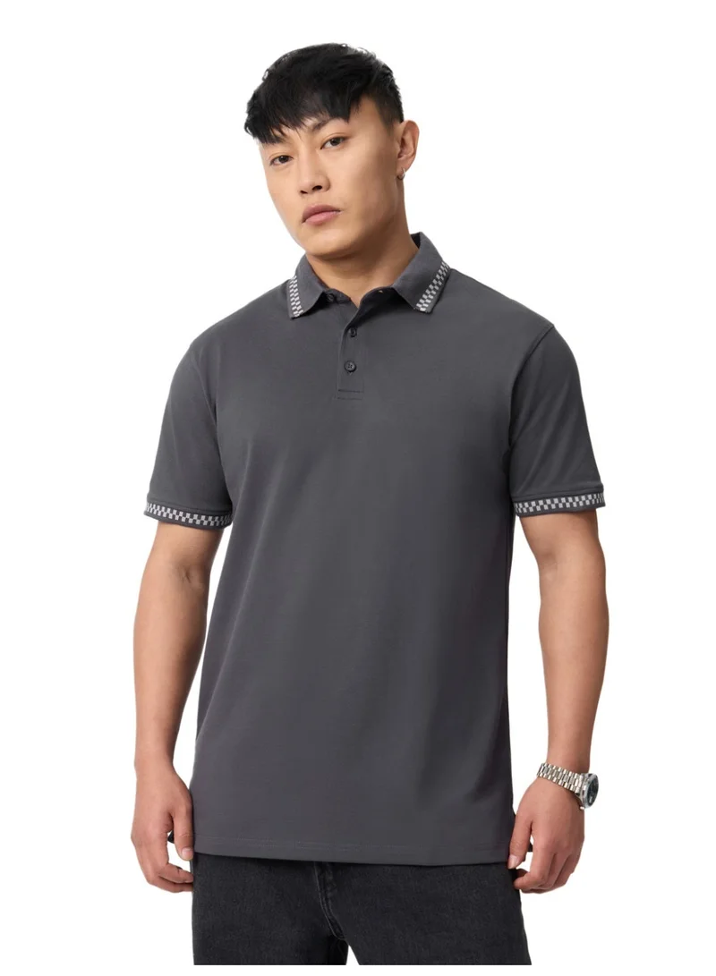 ذا سوليد ستور The Souled Store New Basics: Pique Polo Naval Men and Boys Short Sleeve Spread Collar Dark Grey Charcoal Grey Jacquard Geometric Print Cotton Elastane Polo Shirts