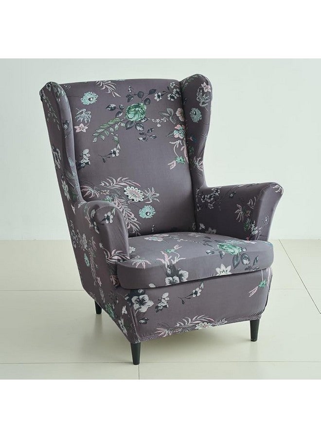 HOKIPO HOKIPO 140 GSM Stretchable Wing Chair Cover, Bentonite Grey Budding Florals (AR-5135-D1) - Image 1