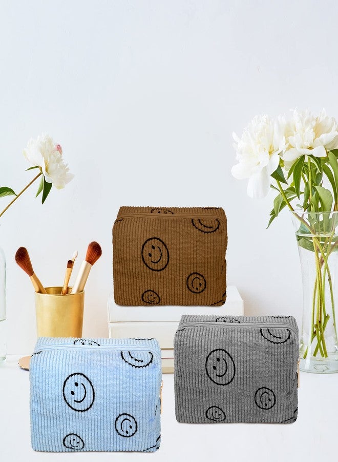 Photect 3 Pcs Corduroy Cosmetic Bag Smile Face Aesthetic Preppy Pouch Travel Makeup Bags for Christmas Women Holiday Organizer Gifts(Classic,Blue, Brown, Dark Gray) - Image 3